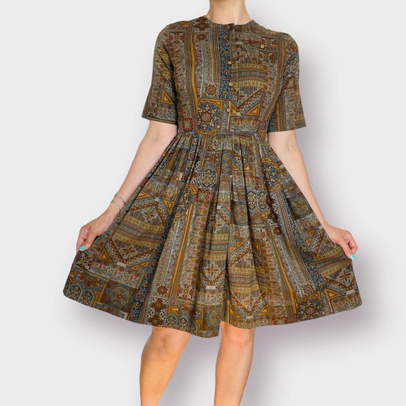 60s Carol Rodgers Brown Gray Pattern‎ Dress - Picture 4 of 5